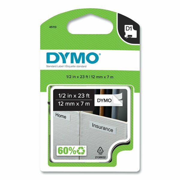 Dymo D1 High-Performance Polyester Label Tape, 0.5"x23 ft., Black on White 45113